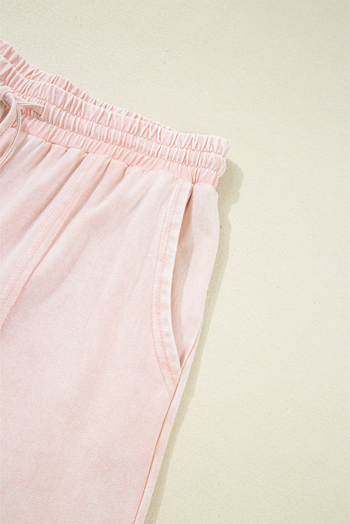Mineral Wash Flower Applique Drawstring Cropped Wide Leg Pants
